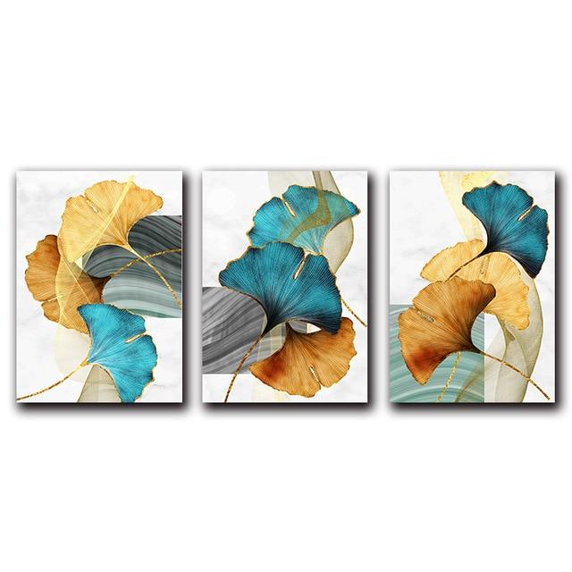 Green, Blue & Golden Ginkgo Biloba Leaves Canvas