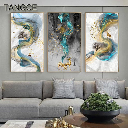 Abstract Nordic Golden Deer Canvas Painting