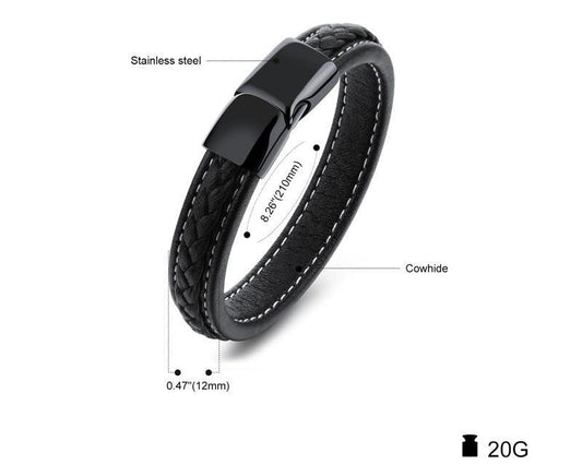 SAMU - Stainless Steel Magnetic Clasps Black Leather Bracelet - Indigo-Temple