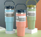 Stainless Steel Double-Wall Vacuum Tumbler With Built-in Straw & Fold-Down Handle