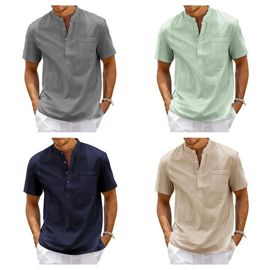 BreezeWear Cotton-Linen Henley Neck Short Sleeve Relaxed-Fit Shirt