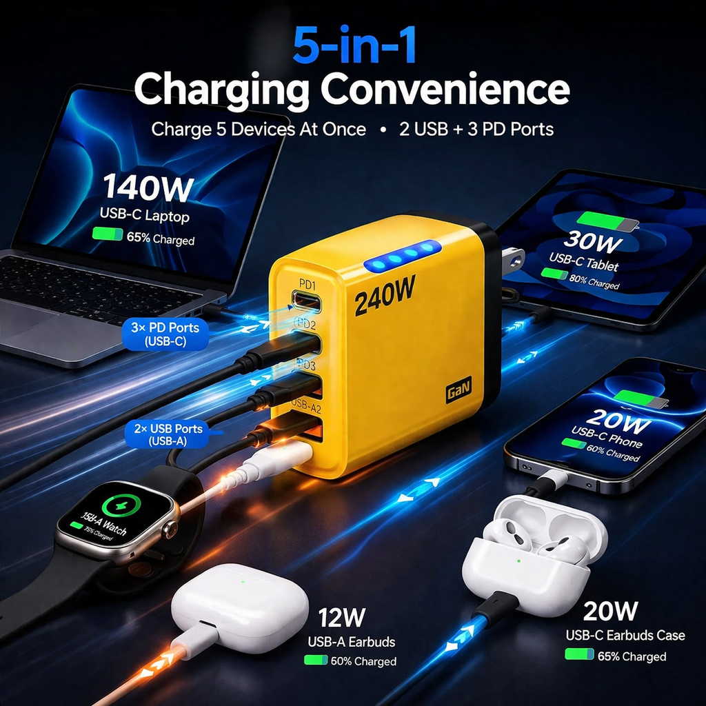 240W High-Speed 5-Port GaN Technology Intelligent Wall Charger
