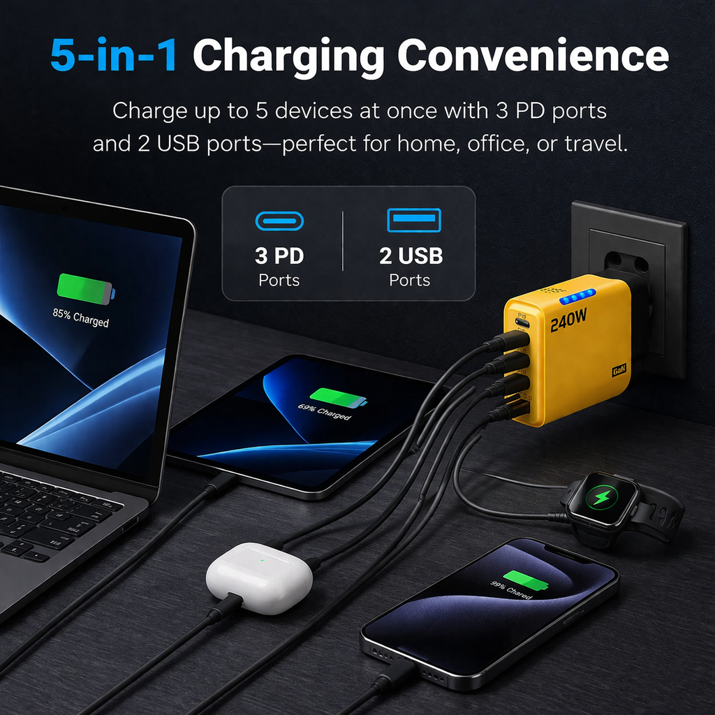 240W High-Speed 5-Port GaN Technology Intelligent Wall Charger