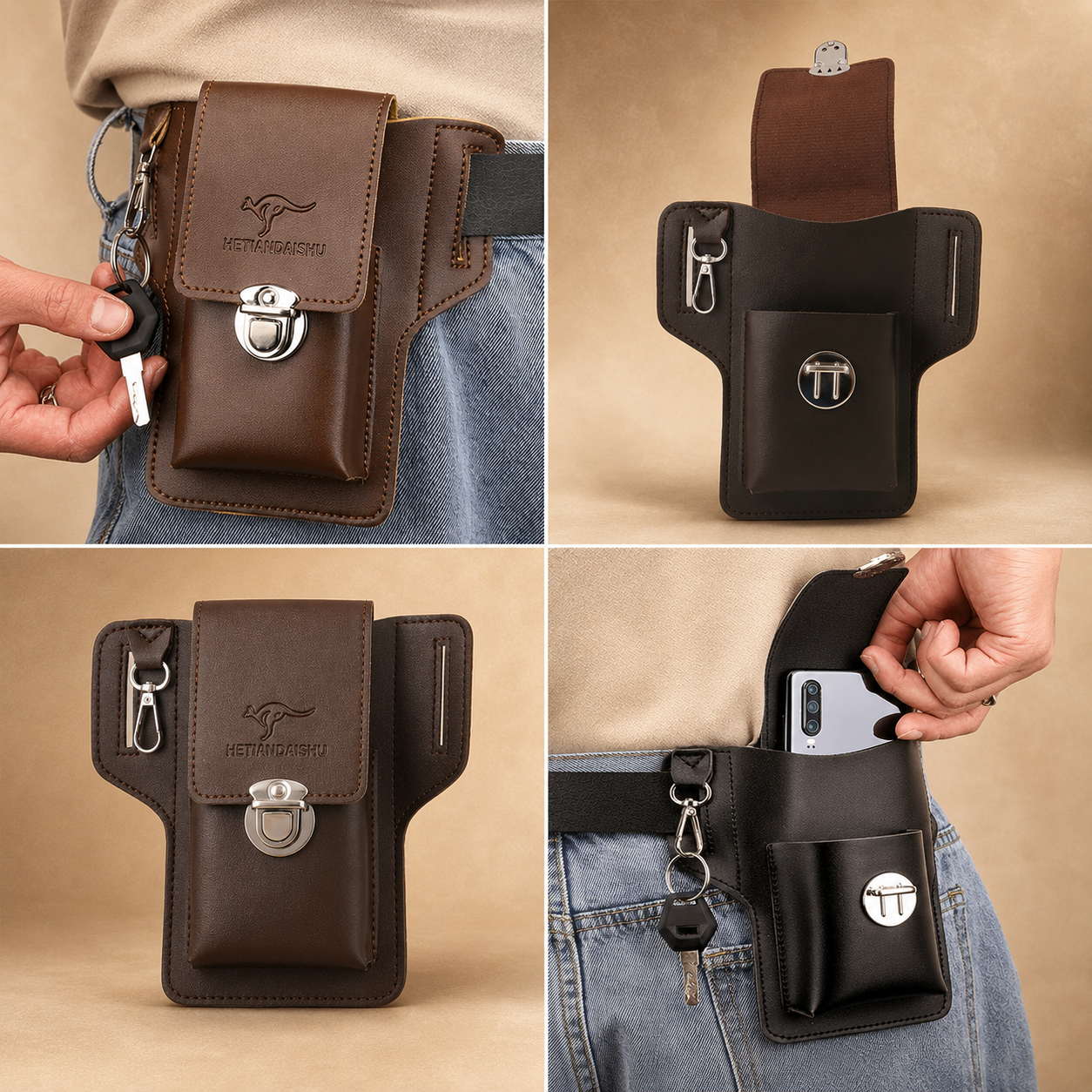 Vintage Multi-Layer Belt Phone Holster with Key Hook & Front Pocket