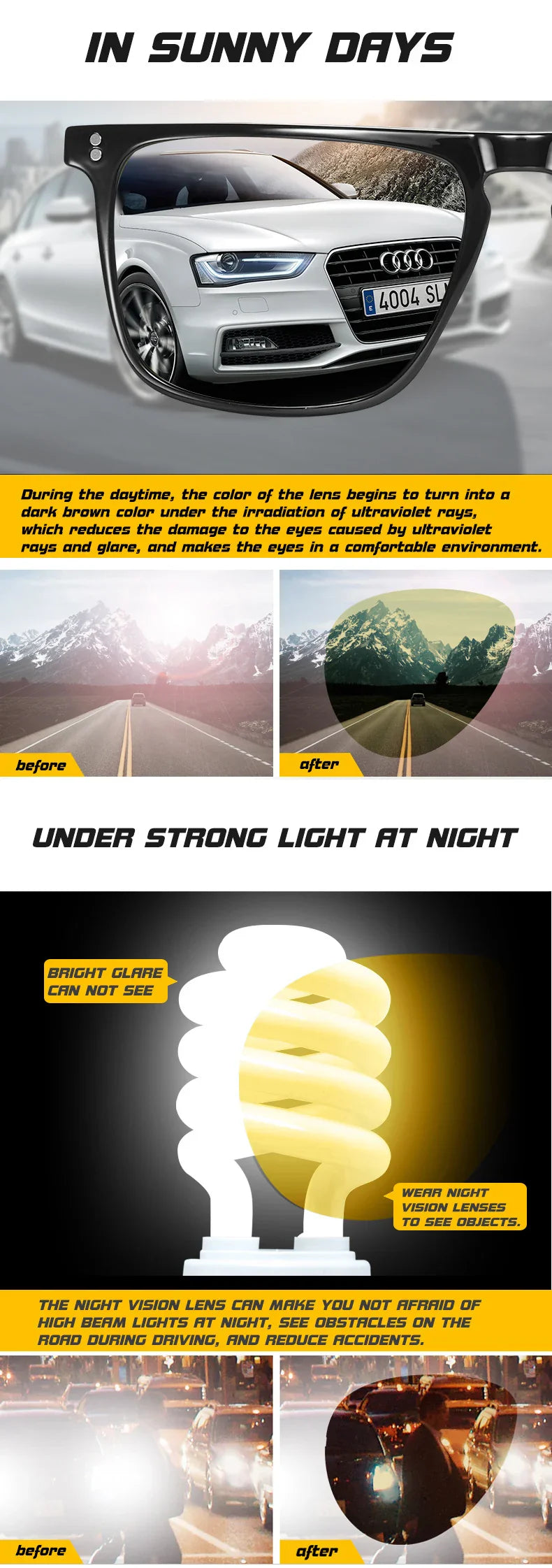 Anti-Glare Photochromic Polarized Day & Night Vision Driving Sunglasses