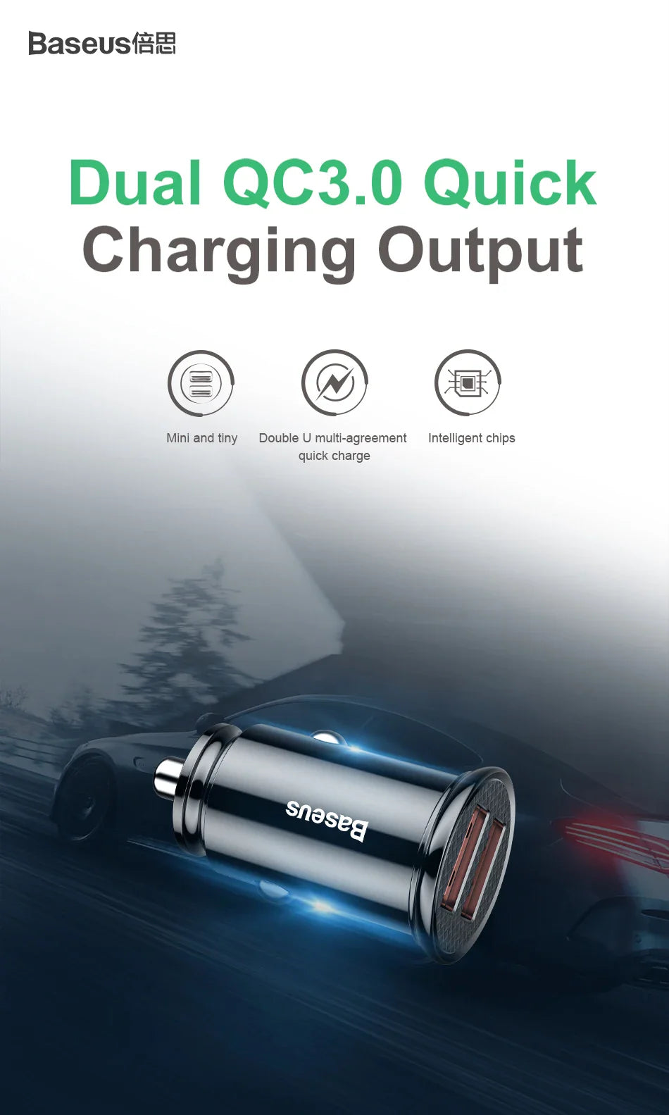 Baseus 30W Quick Charge 4.0 Dual Simultaneous Charging Universal Car Charger