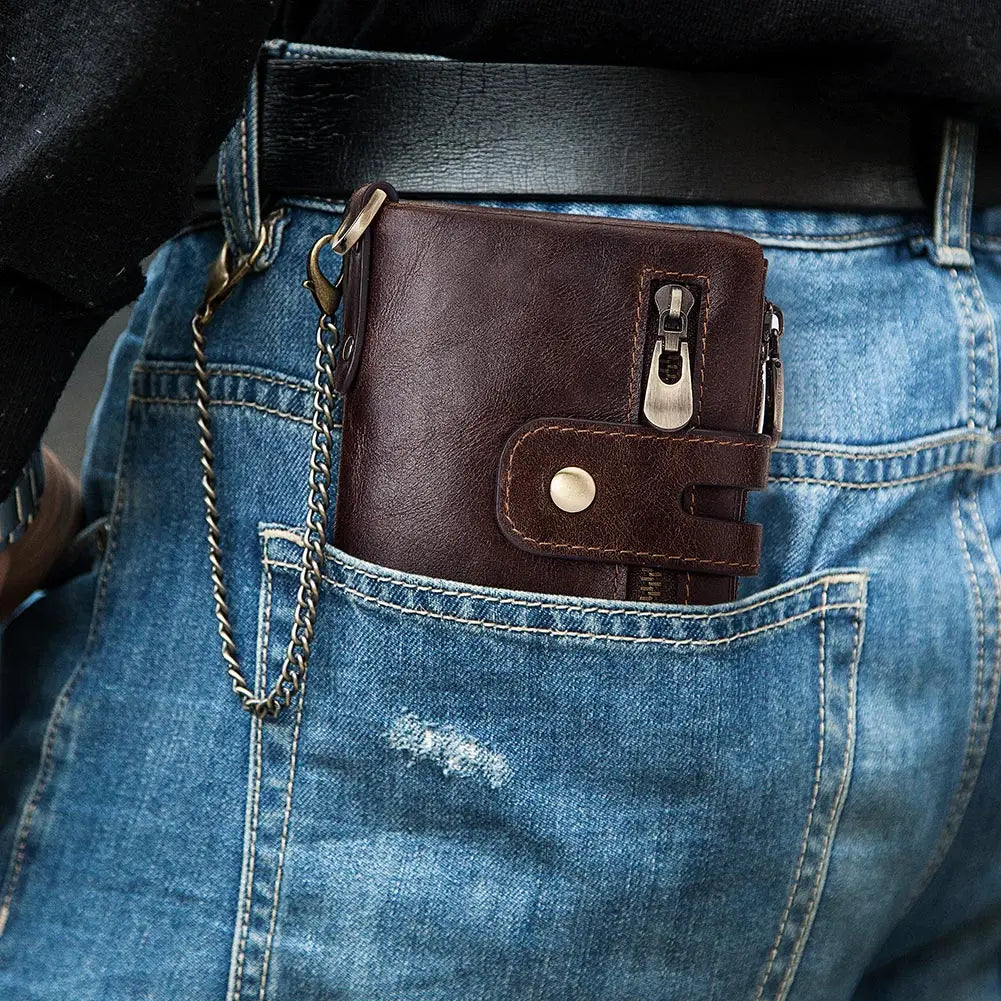 Genuine Leather Vintage RFID Blocking  Men Wallet With Chain
