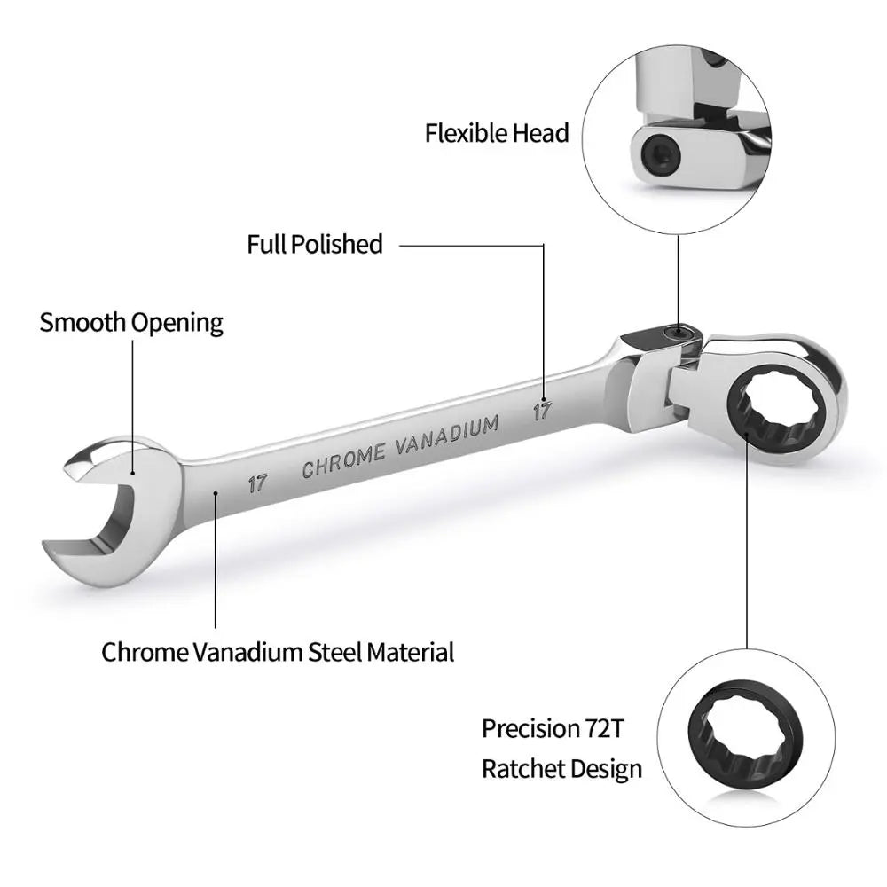 Flexible Pivoting Dual Head Metric 6mm-24mm Ratchet Wrench