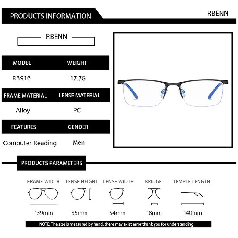 RBENN Anti Blue Light Ultralight Half Frame Reading Glasses
