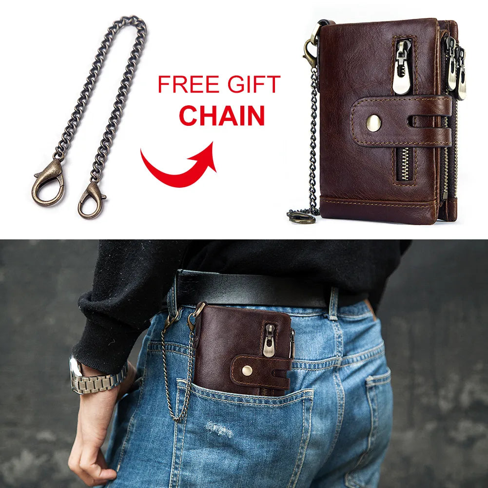 Genuine Leather Vintage RFID Blocking  Men Wallet With Chain