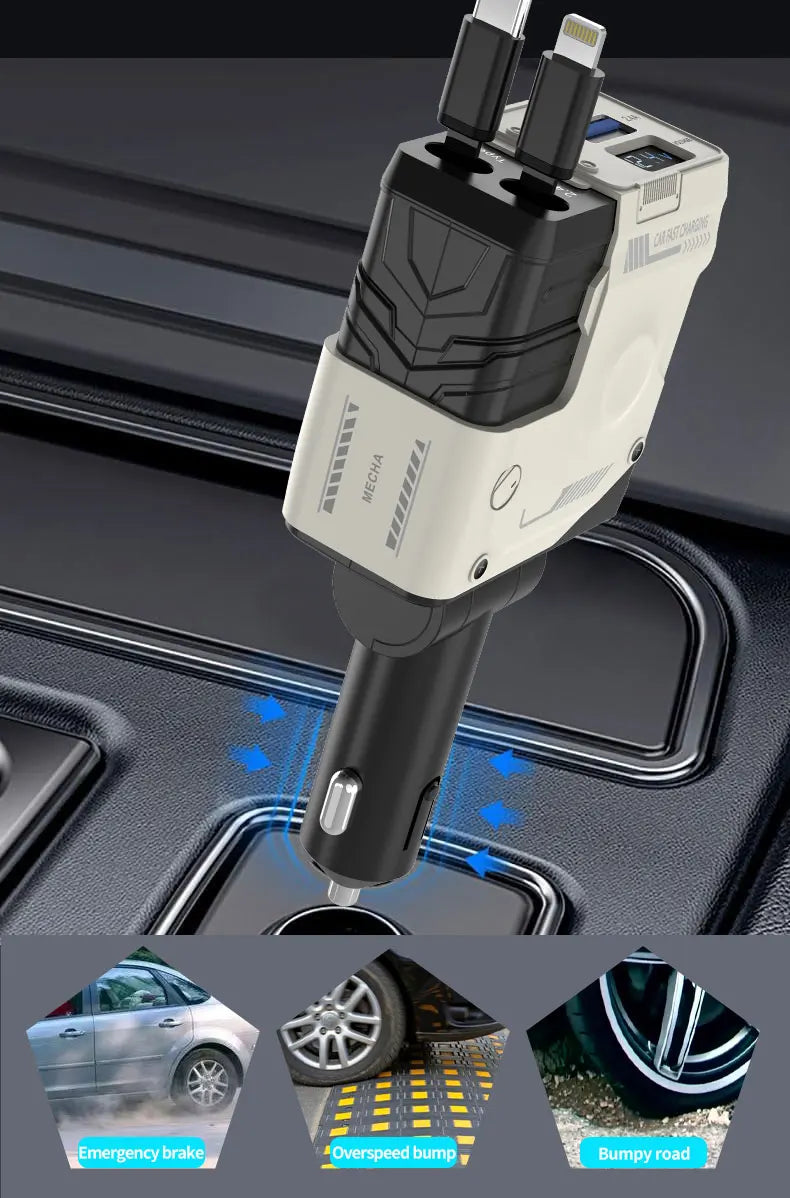 120W Super-Fast 4-in-1 Adjustable Retractable Car Charger with Digital Voltage Display
