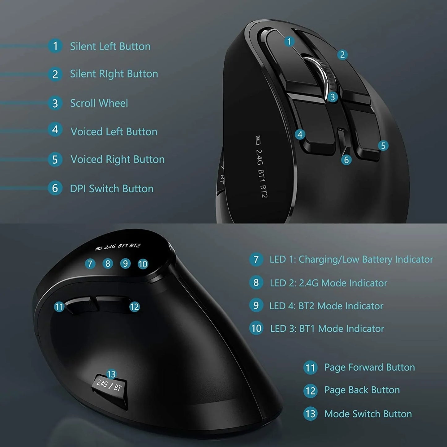 Vertical Ergonomic Wireless Rechargeable 9 Buttons Mouse