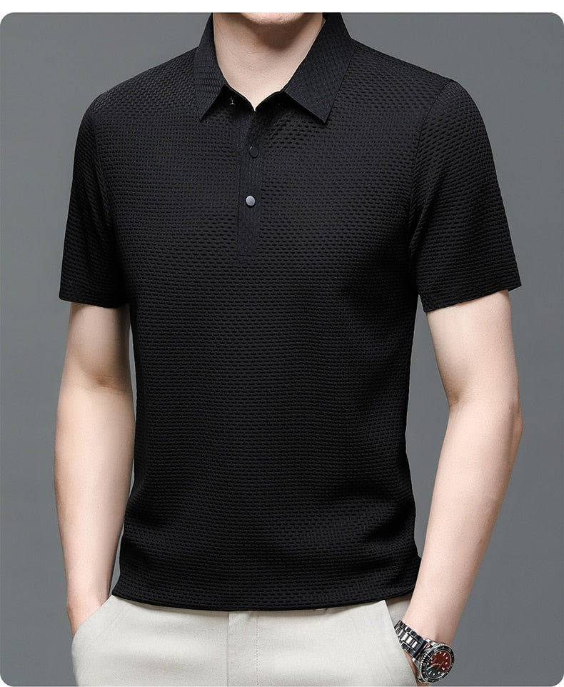 Short-Sleeve Plaid Pattern Ice Silk Polo Shirt