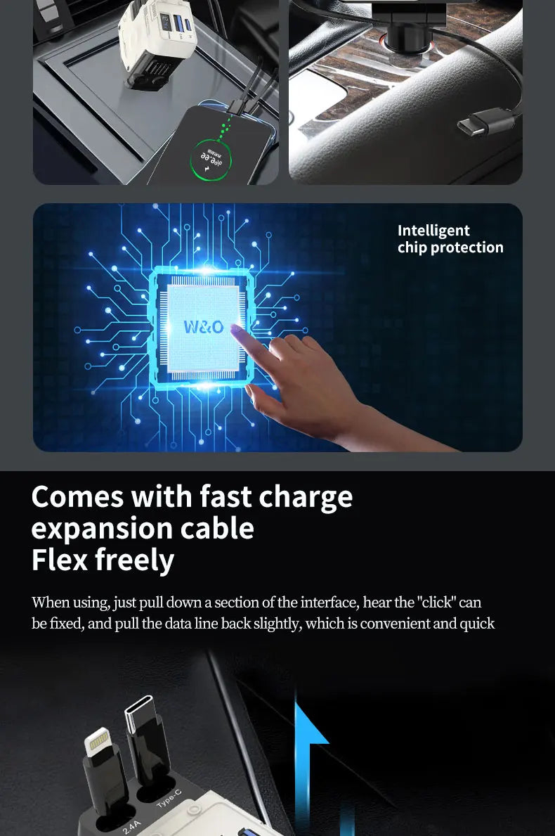 120W Super-Fast 4-in-1 Adjustable Retractable Car Charger with Digital Voltage Display