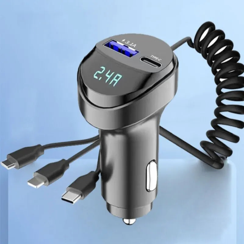 ChargeMaster 5-in-1 Retractable Pro Car Charger with Voltage Display