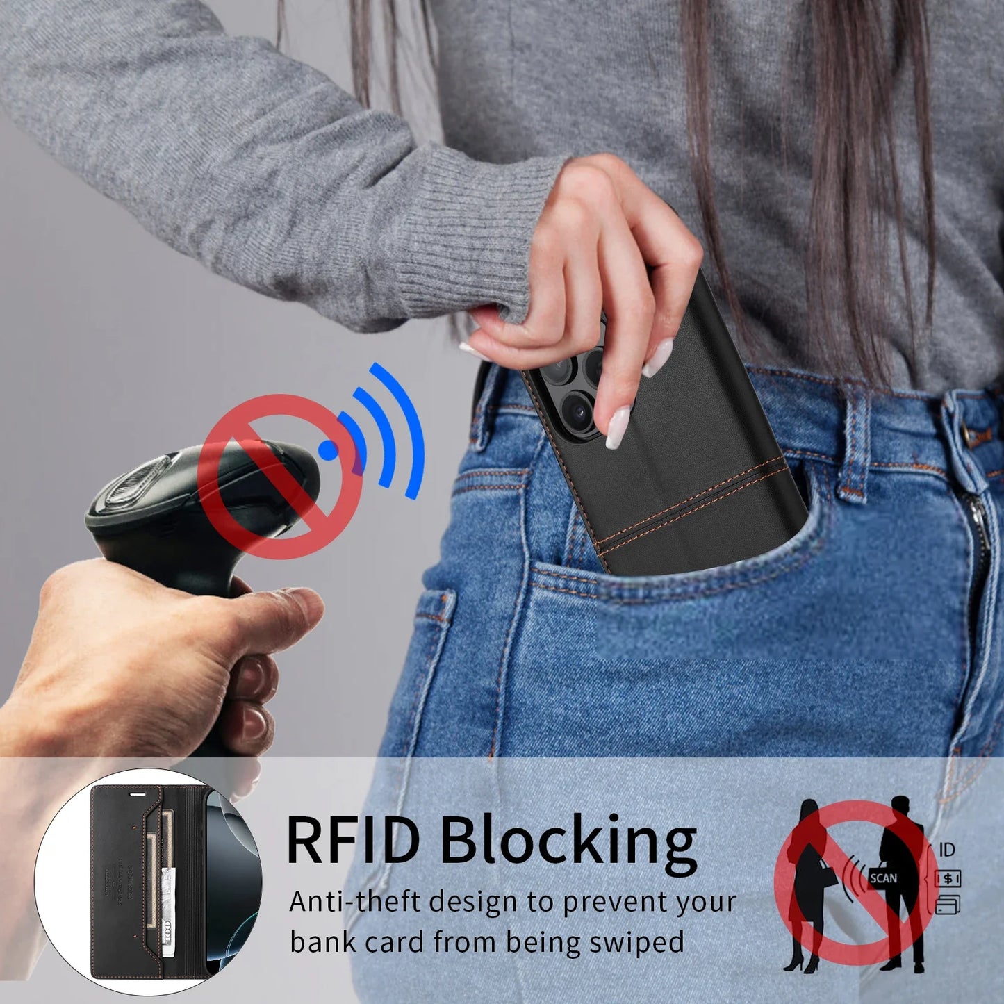 RFID Blocking Magnetic Leather Wallet Flip Case with Stand for iPhone