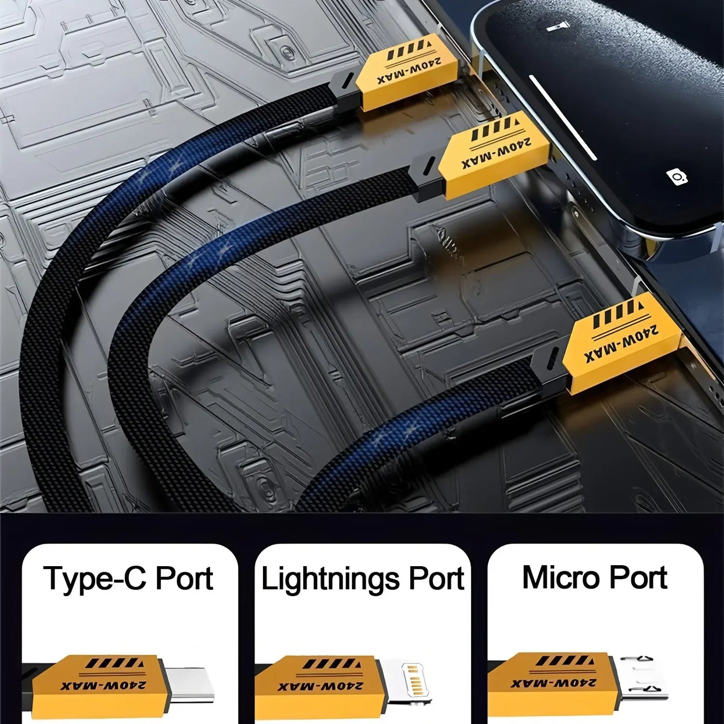 MaxCharge 240W Smart Cable – 3-in-1 Multi-Port with USB & Type-C Dual Input