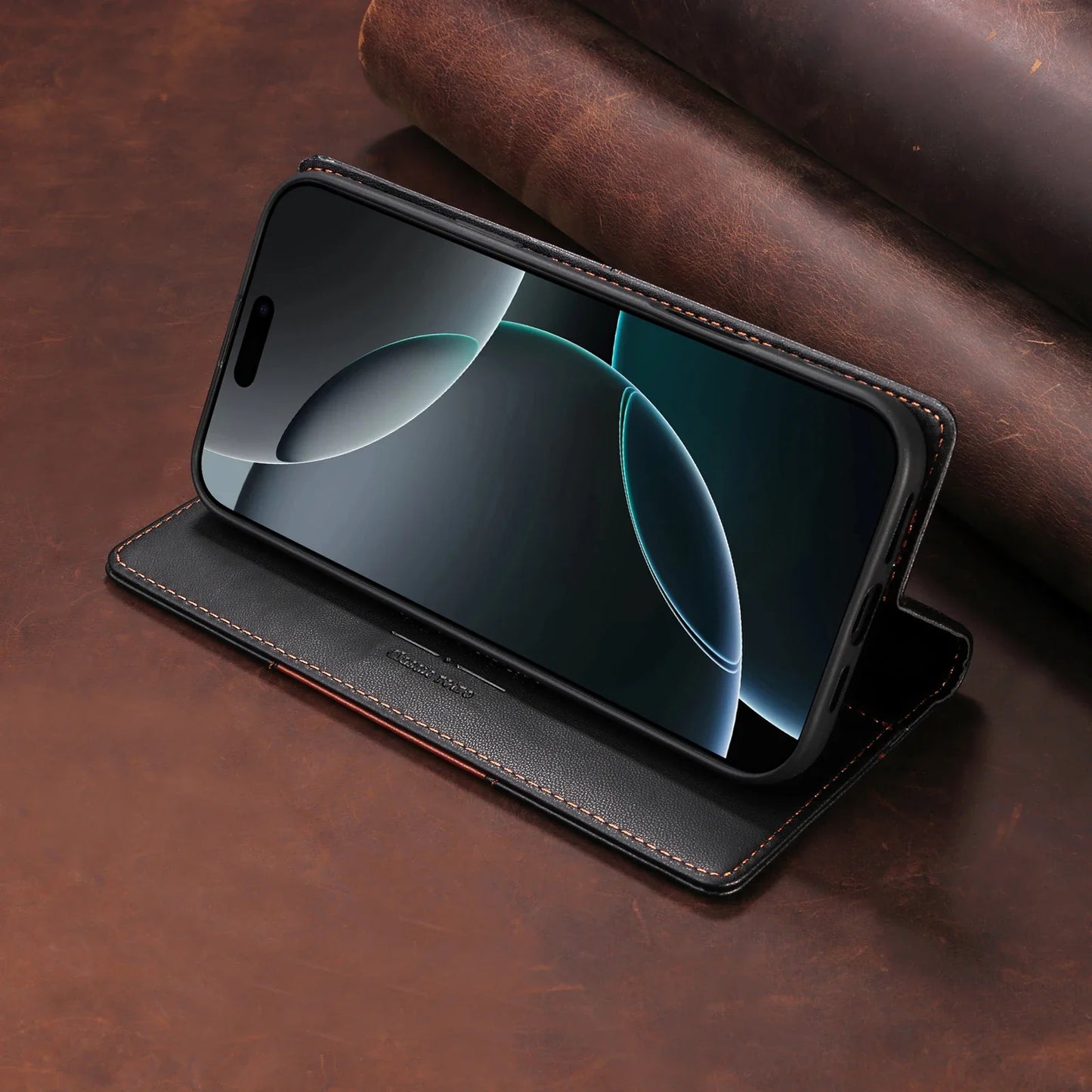 RFID Blocking Magnetic Leather Wallet Flip Case with Stand for iPhone