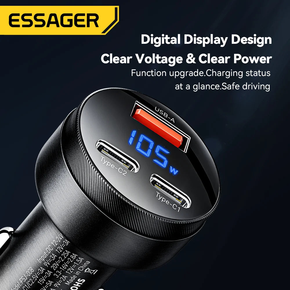 Essager 105W Triple-Port Fast Car Charger with Digital Display (USB + Dual Type-C PD/PPS)