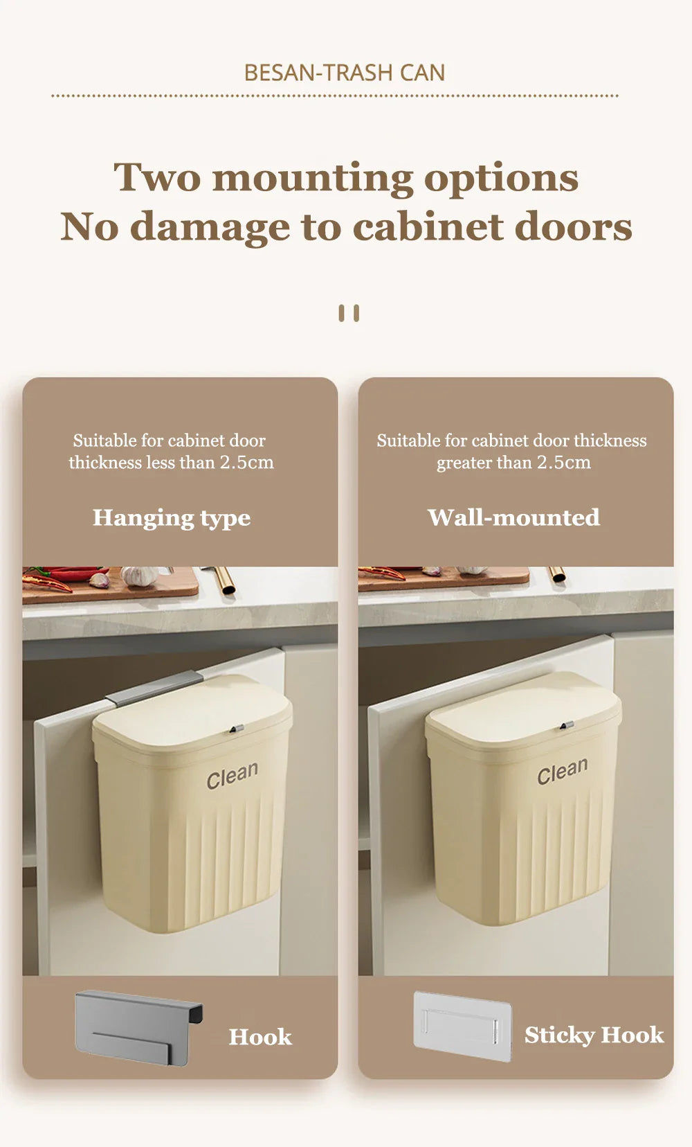 Japanese Wall/Cabinet Doors Mount Two-Way Opening Odor-Blocking Trash Can