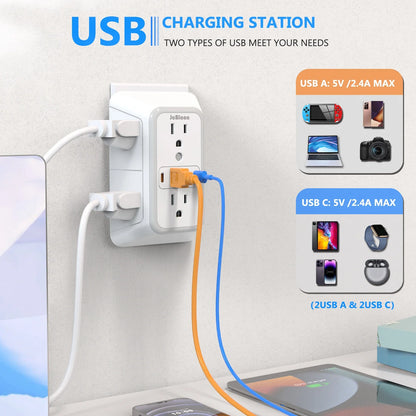 US Plug 10 in 1 Multi-Wall Socket & USB+Type C Fast Charging Station