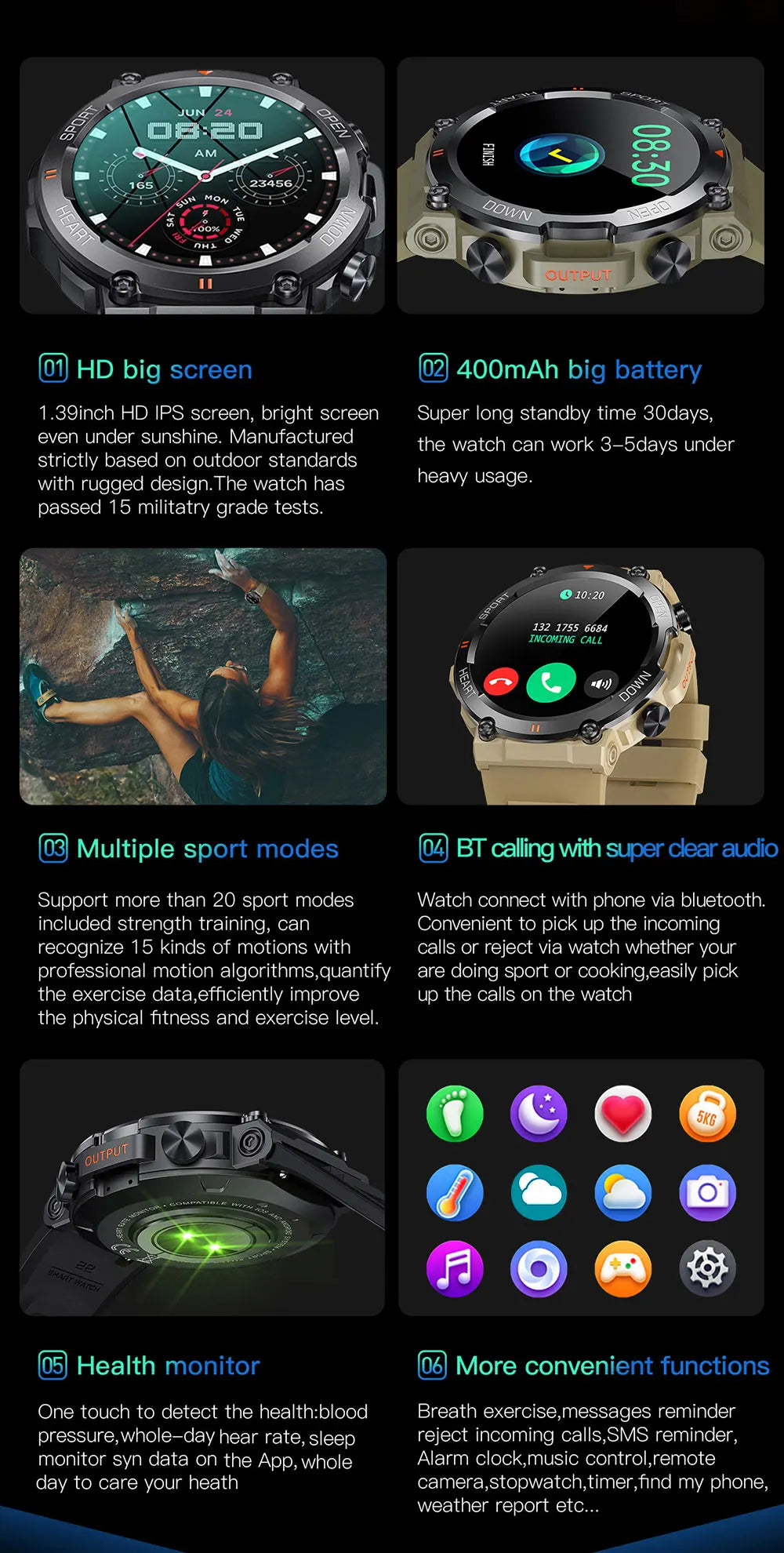 Ultra Durable Construction HD Bluetooth Health Tracker Smartwatch For Android & IOS