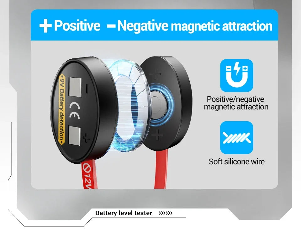SlotFree Open-Fit Magnetic Multi-Battery Tester with Self-Powered LCD Display