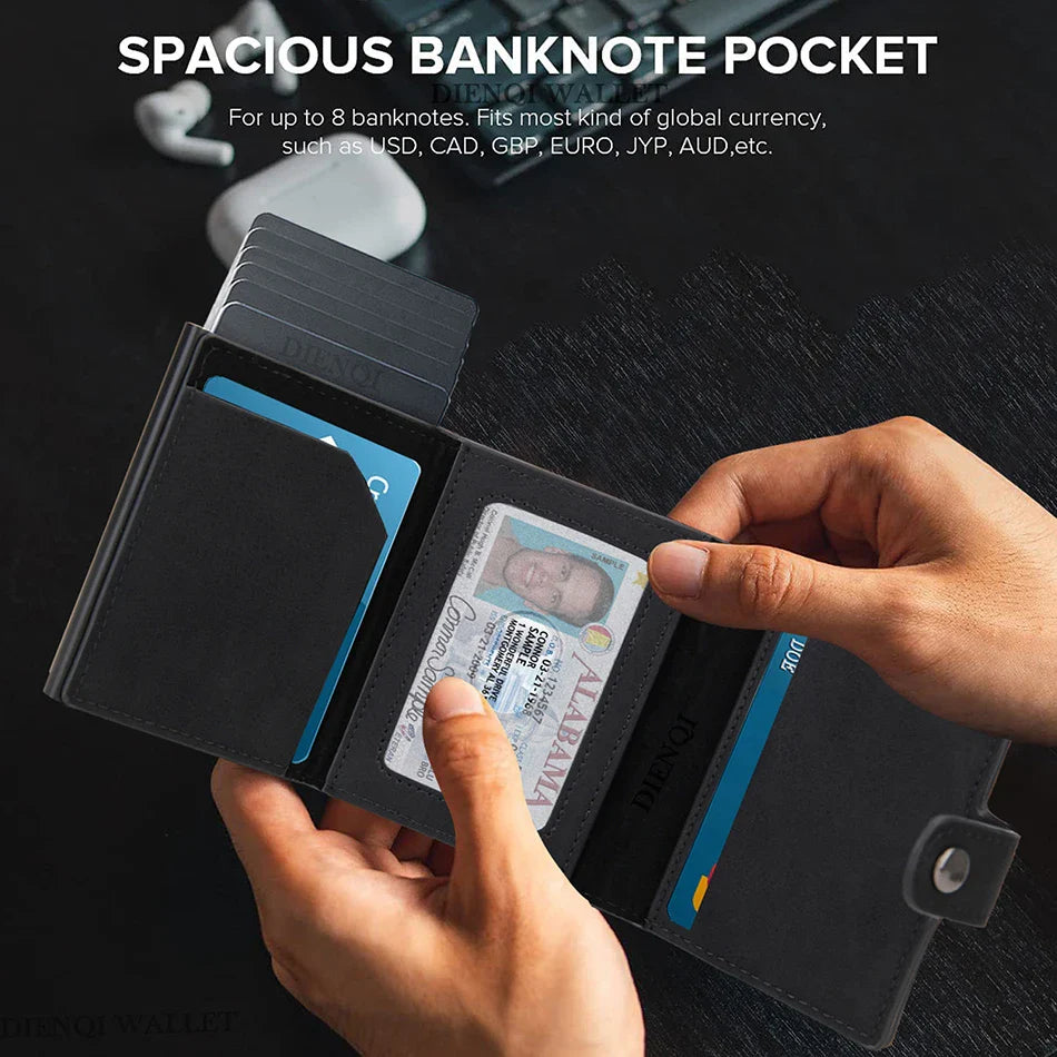 Maximum Carry RFID AirTag Wallet – Pop-Up Cards, Cash Compartment & Coin Pocket