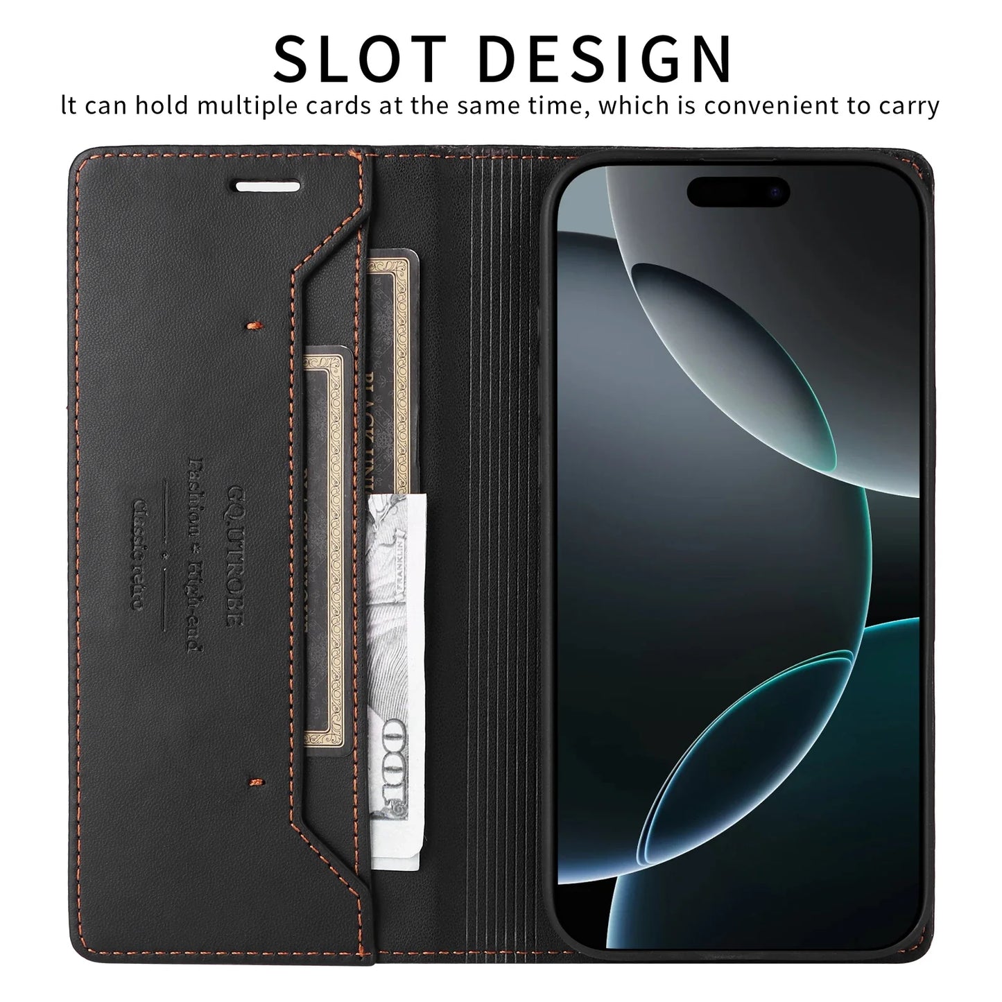 RFID Blocking Magnetic Leather Wallet Flip Case with Stand for iPhone