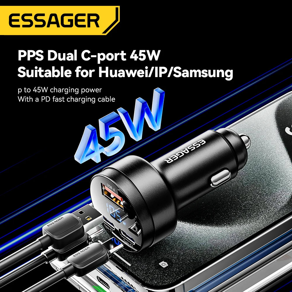 Essager 105W Triple-Port Fast Car Charger with Digital Display (USB + Dual Type-C PD/PPS)