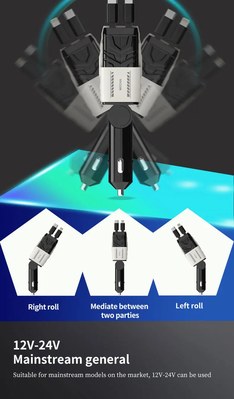 120W Super-Fast 4-in-1 Adjustable Retractable Car Charger with Digital Voltage Display