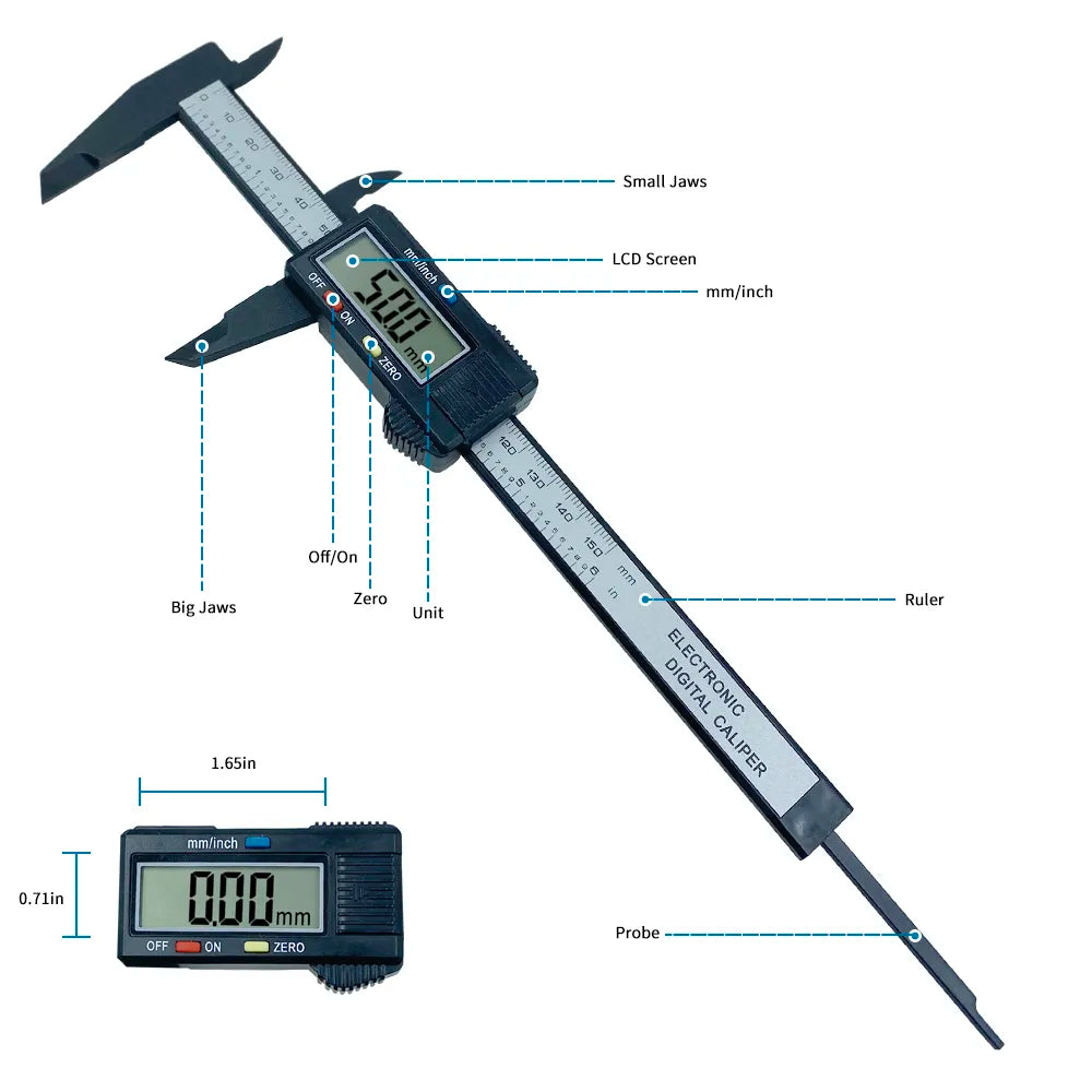 Electronic Digital mm/in Carbon Fiber Caliper with Large LCD Display