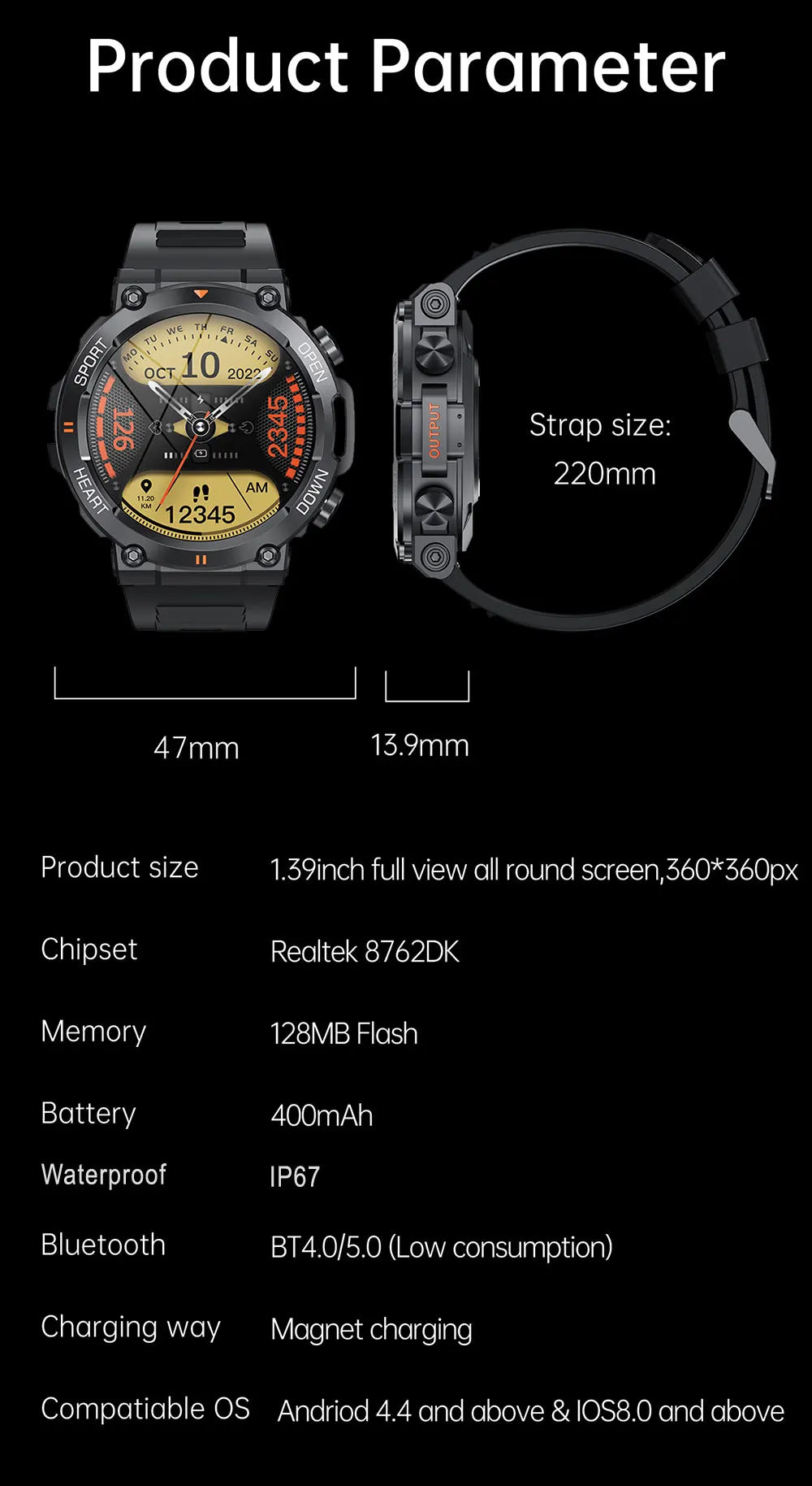 Ultra Durable Construction HD Bluetooth Health Tracker Smartwatch For Android & IOS