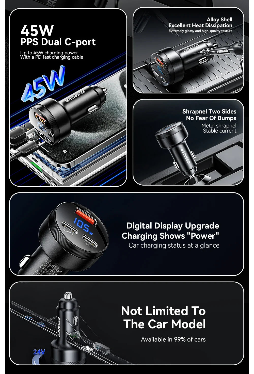 Essager 105W Triple-Port Fast Car Charger with Digital Display (USB + Dual Type-C PD/PPS)