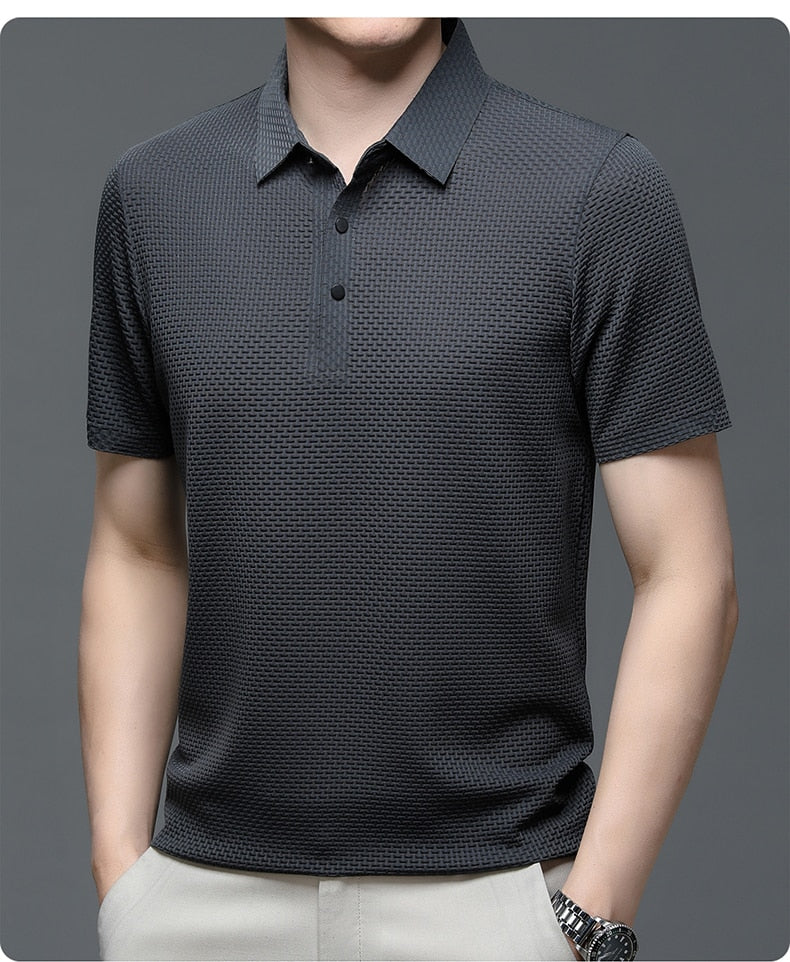 Short-Sleeve Plaid Pattern Ice Silk Polo Shirt