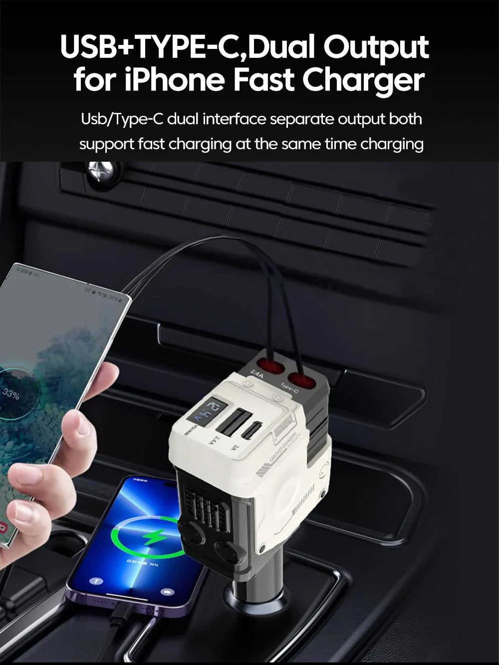120W Super-Fast 4-in-1 Adjustable Retractable Car Charger with Digital Voltage Display