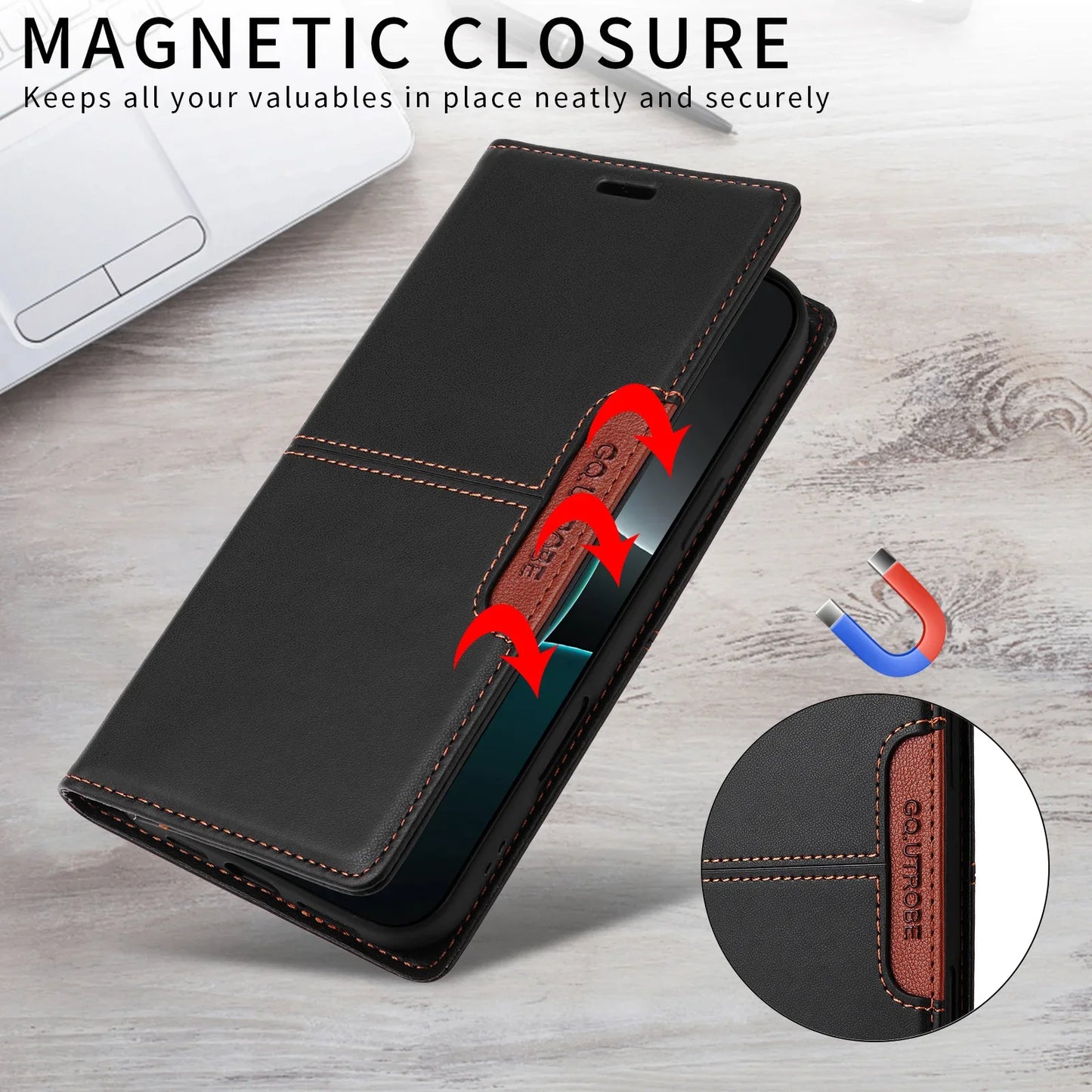 RFID Blocking Magnetic Leather Wallet Flip Case with Stand for iPhone