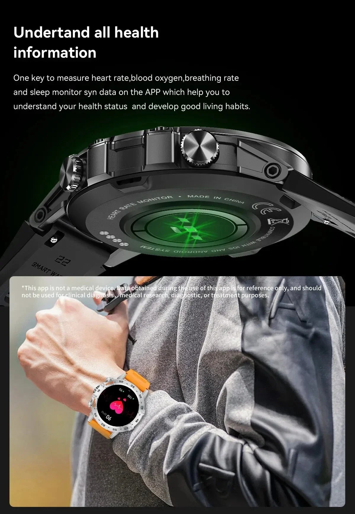 Military-Grade Durability Shockproof & Impact-Resistant Bluetooth Health Monitoring Smartwatch (Android+IOS)
