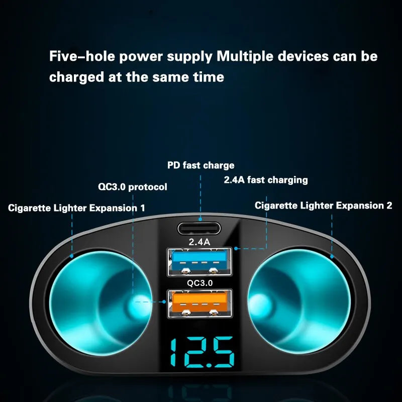 Quick Charge Multiple-Port 5 in 1 Car Charger with Digital Display