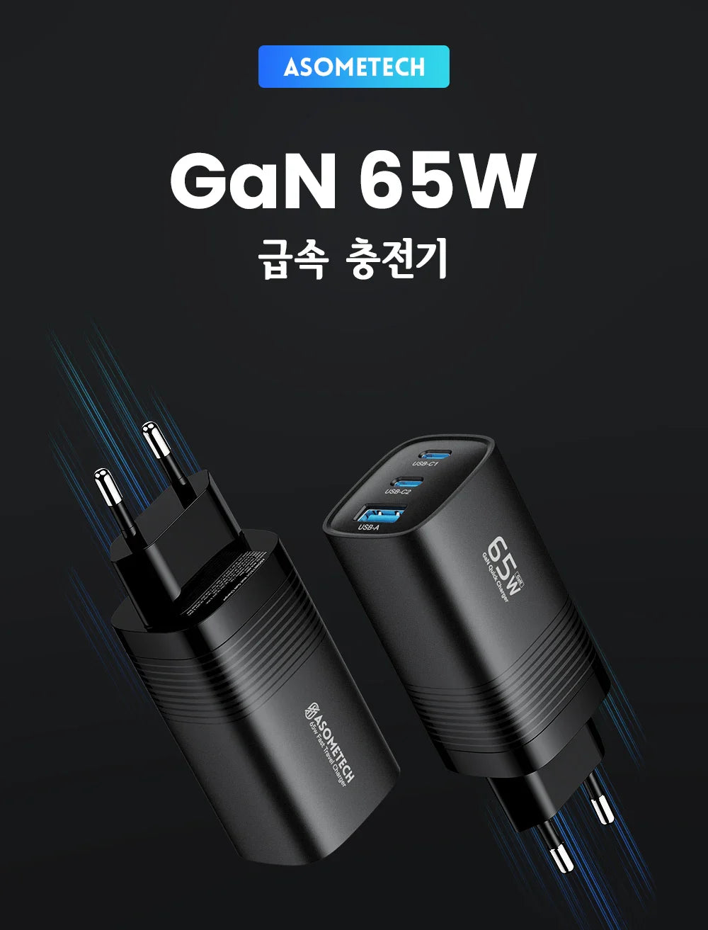 ASOMETECH 65W Newest GaN Technology QC4.0 Ultra Fast 3in1 Charger