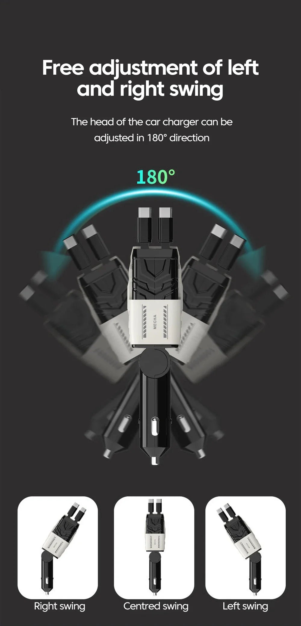 120W Super-Fast 4-in-1 Adjustable Retractable Car Charger with Digital Voltage Display