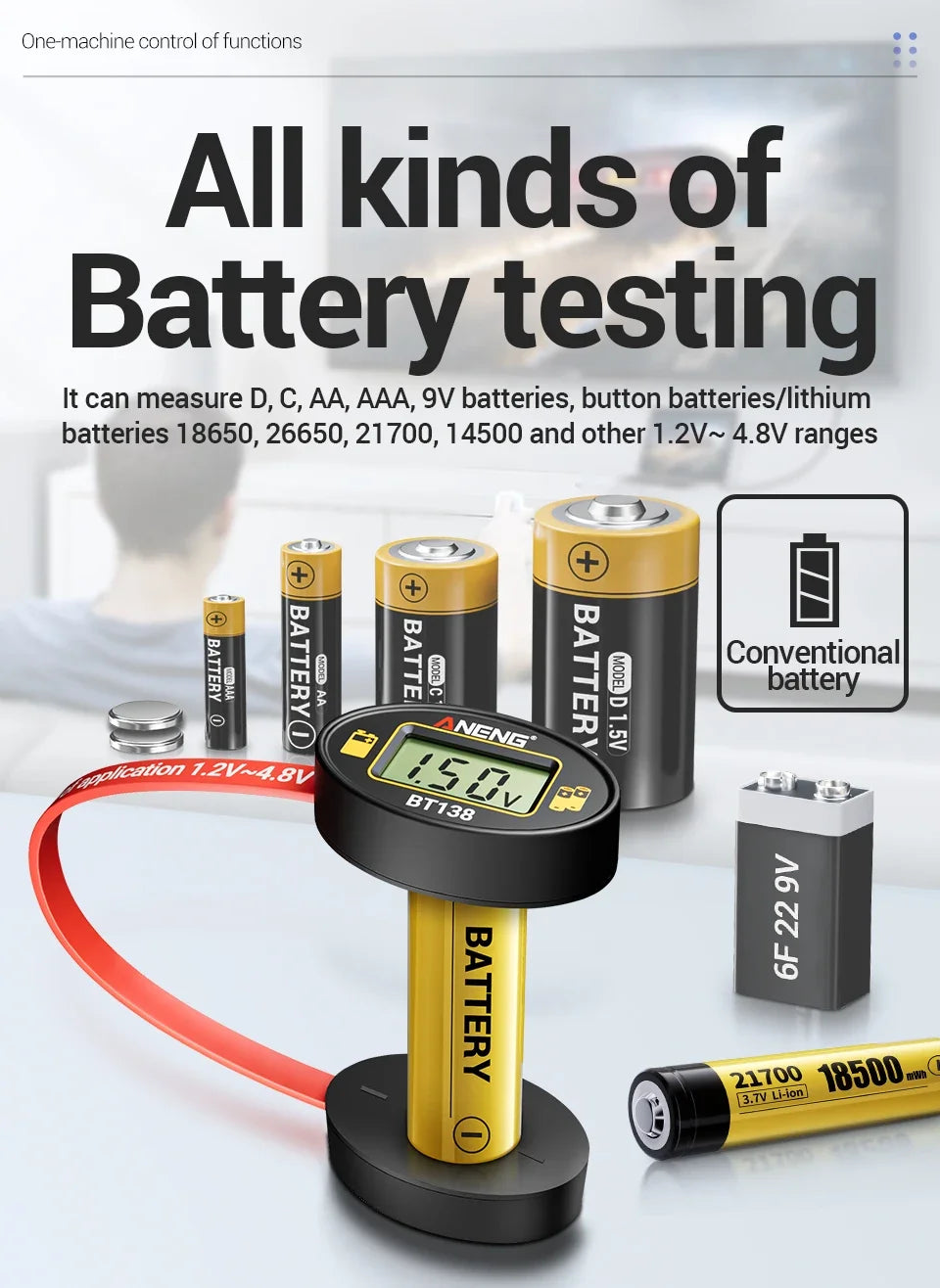 SlotFree Open-Fit Magnetic Multi-Battery Tester with Self-Powered LCD Display