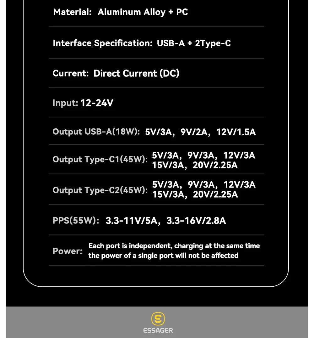 Essager 105W Triple-Port Fast Car Charger with Digital Display (USB + Dual Type-C PD/PPS)