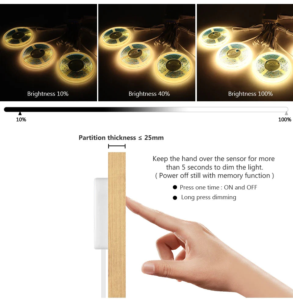 Single Power Supply Closet Dimmable Touch Sensor COB LED Strips