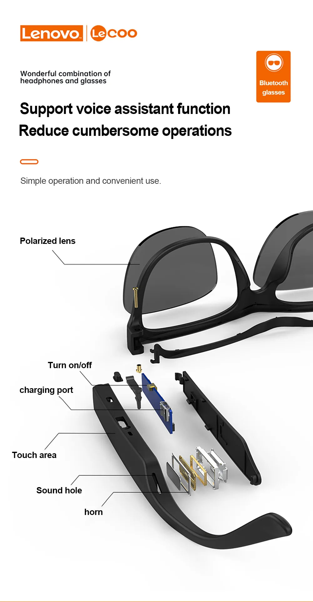 Lenovo Polarized Smart Sunglasses Bluetooth Headset