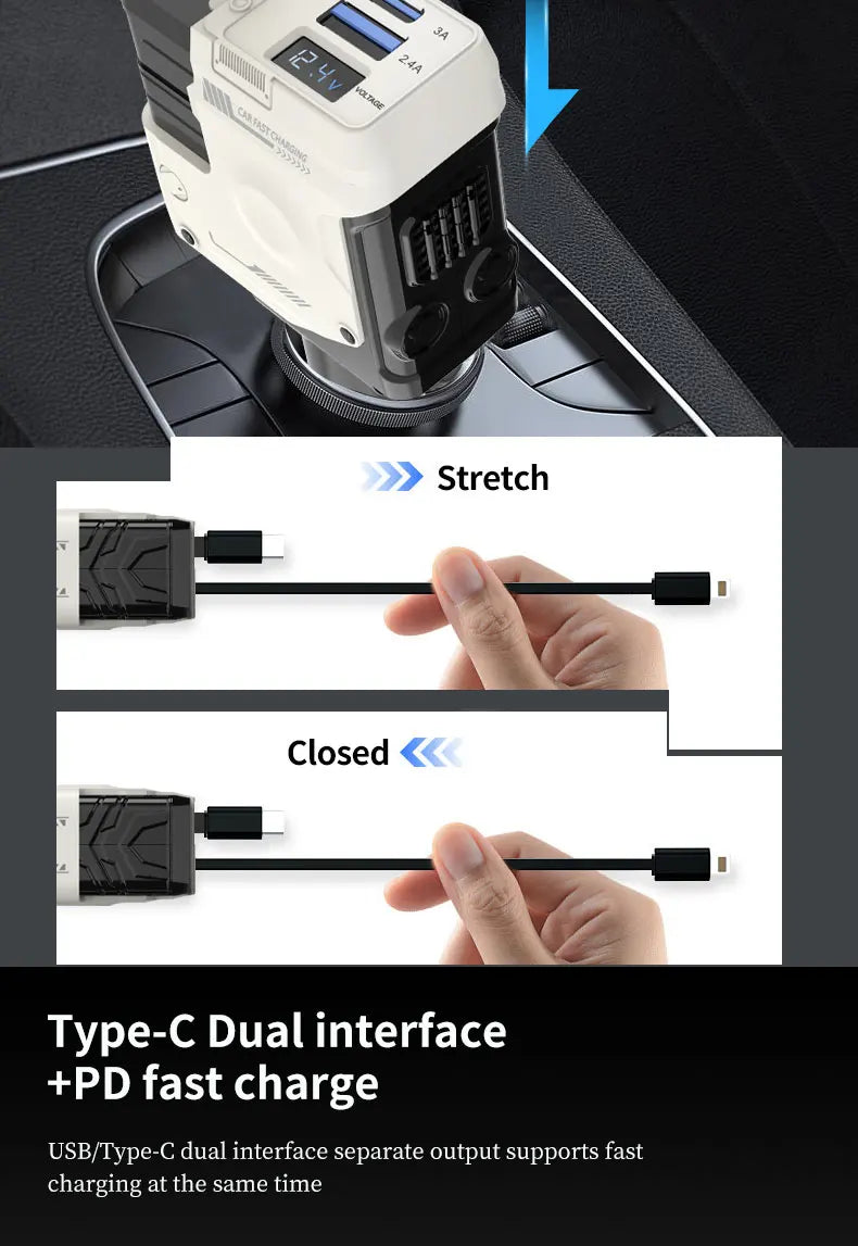 120W Super-Fast 4-in-1 Adjustable Retractable Car Charger with Digital Voltage Display