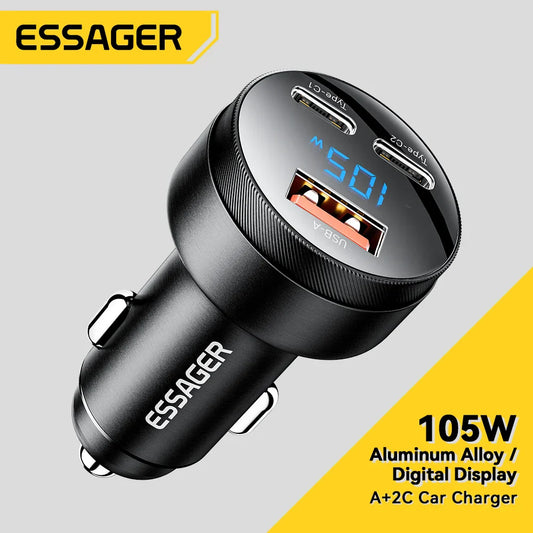 Essager 105W Triple-Port Fast Car Charger with Digital Display (USB + Dual Type-C PD/PPS)