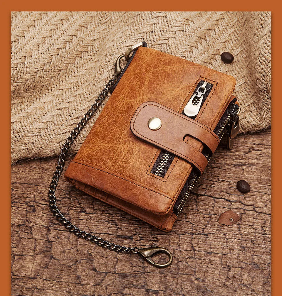 Genuine Leather Vintage RFID Blocking  Men Wallet With Chain