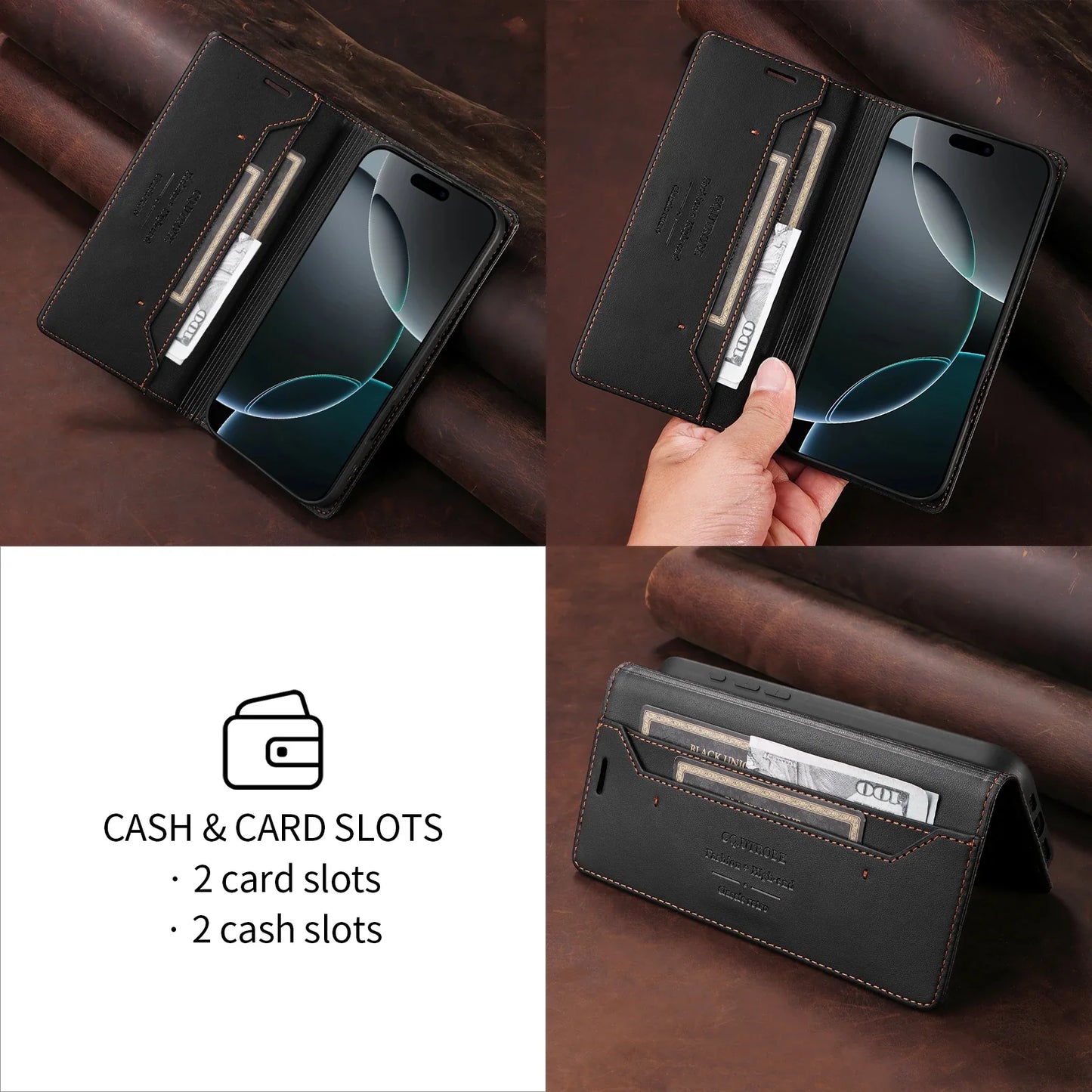 RFID Blocking Magnetic Leather Wallet Flip Case with Stand for iPhone