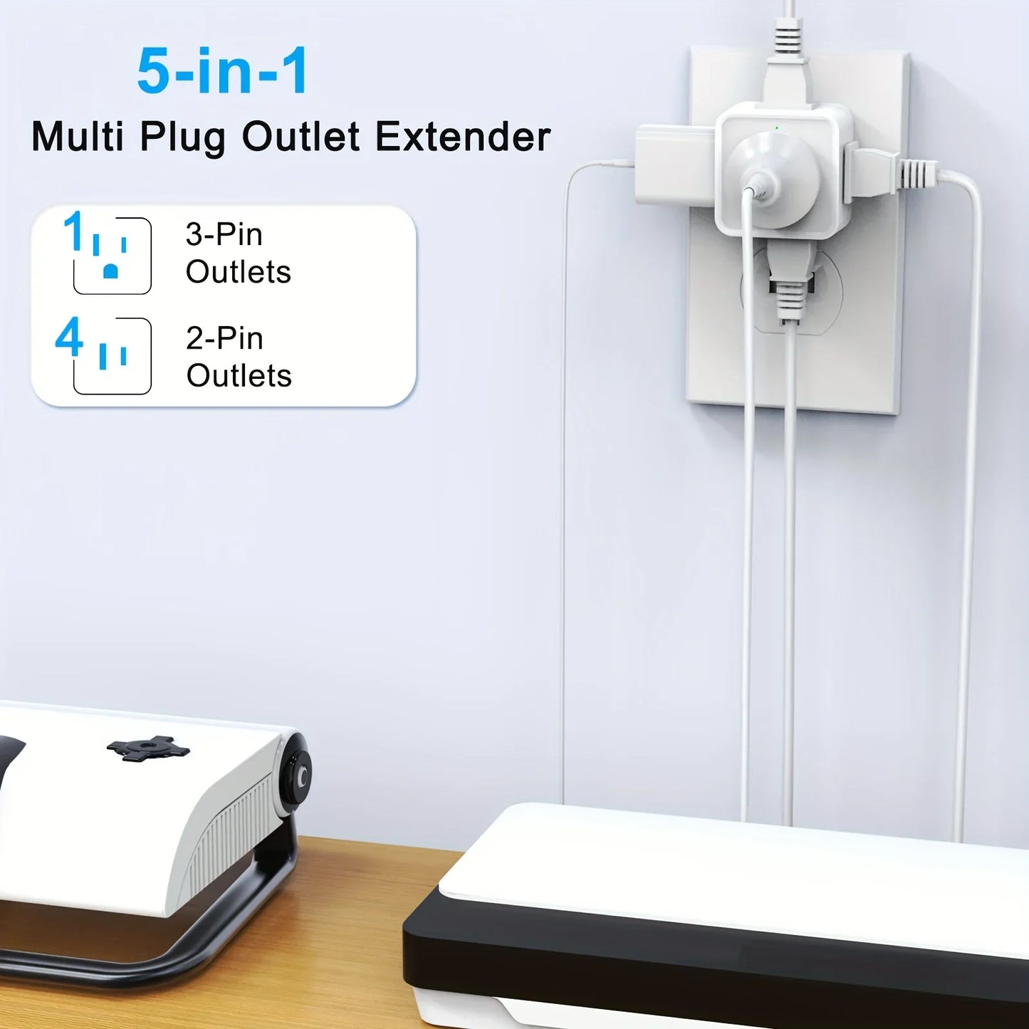 Non-Blocking Design US Plug 5 Way Multi Outlet Extender (2pc set)